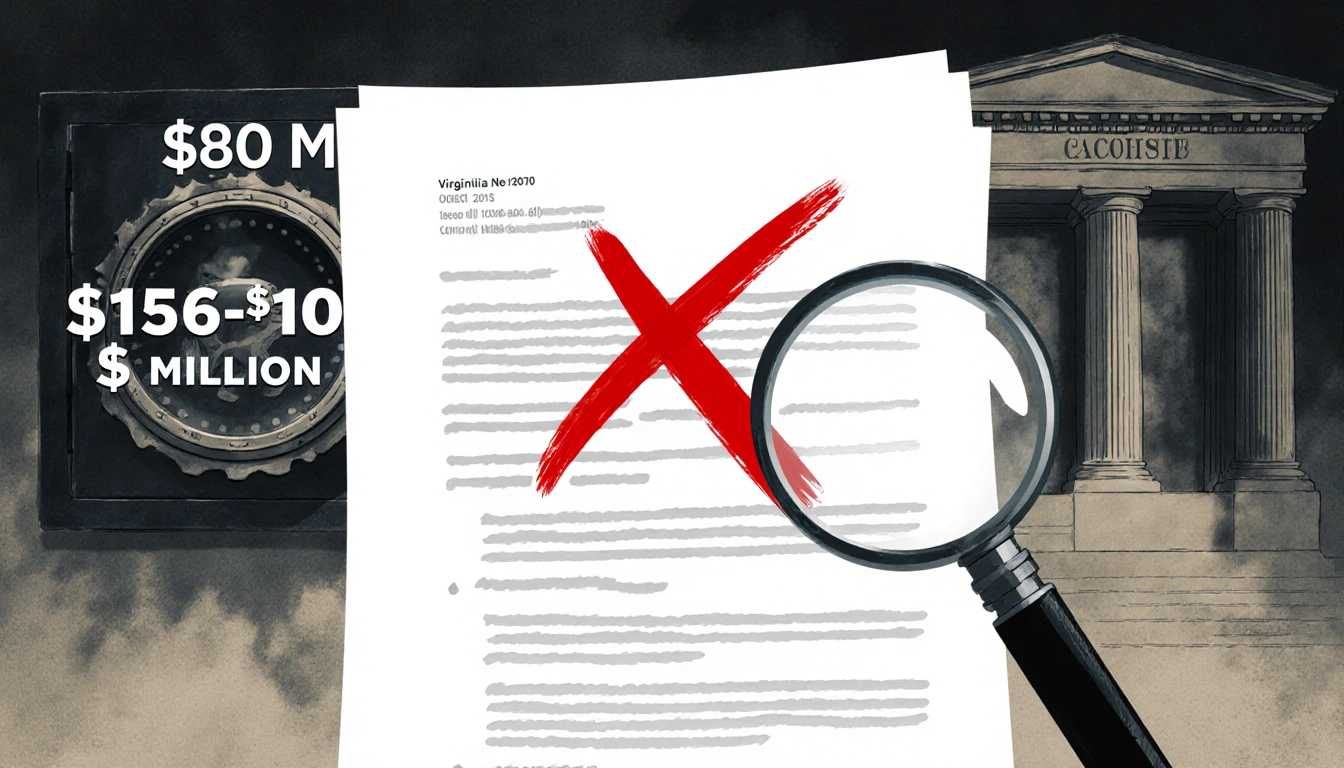 Financial document with red X and magnifying glass revealing forgery with subtle bank vault in background