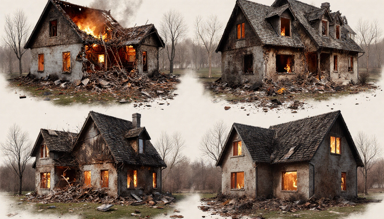 Four damaged homes crumble with charred interiors and warm lighting with scattered debris.