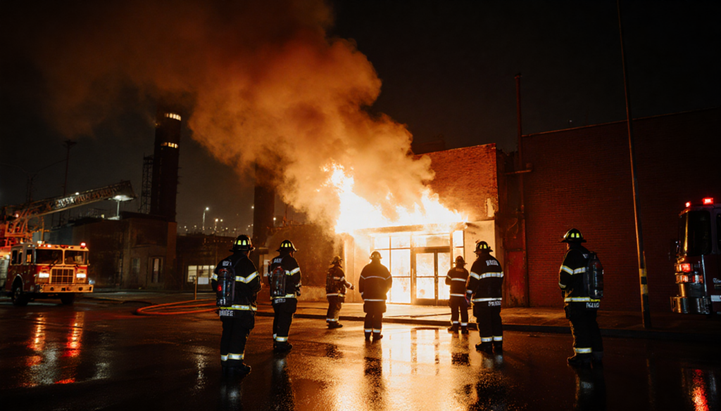 Flames engulf Rite Aid storefront with firefighters silhouetted outside and smoke billowing upward.