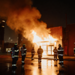 Flames engulf Rite Aid storefront with firefighters silhouetted outside and smoke billowing upward.