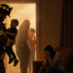 Firefighter pulling woman and two children through smoke-filled doorway with mother on couch holding her head during rescue