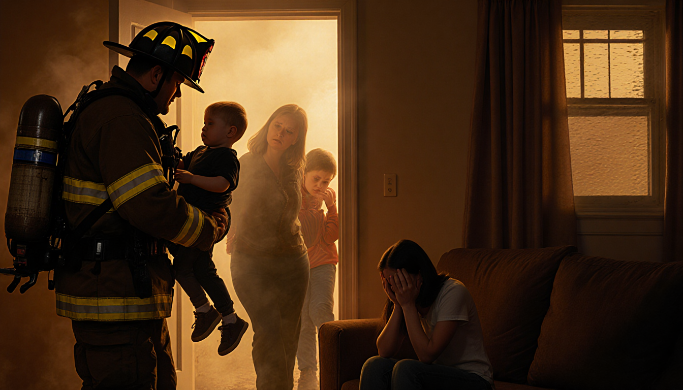 Firefighter pulling woman and two children through smoke-filled doorway with mother on couch holding her head during rescue