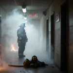 Silhouette of firefighter standing in a smoky hallway with gear on floor and flames licking edges.