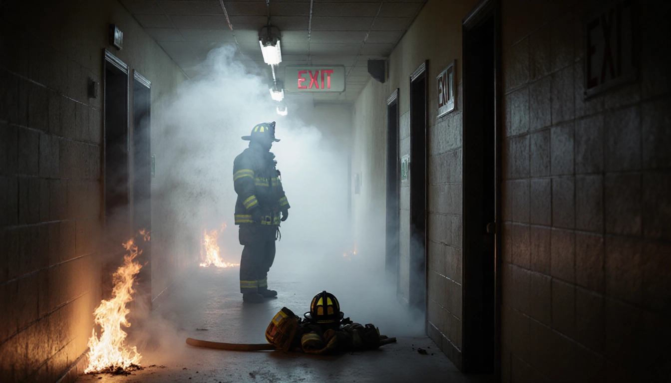 Silhouette of firefighter standing in a smoky hallway with gear on floor and flames licking edges.