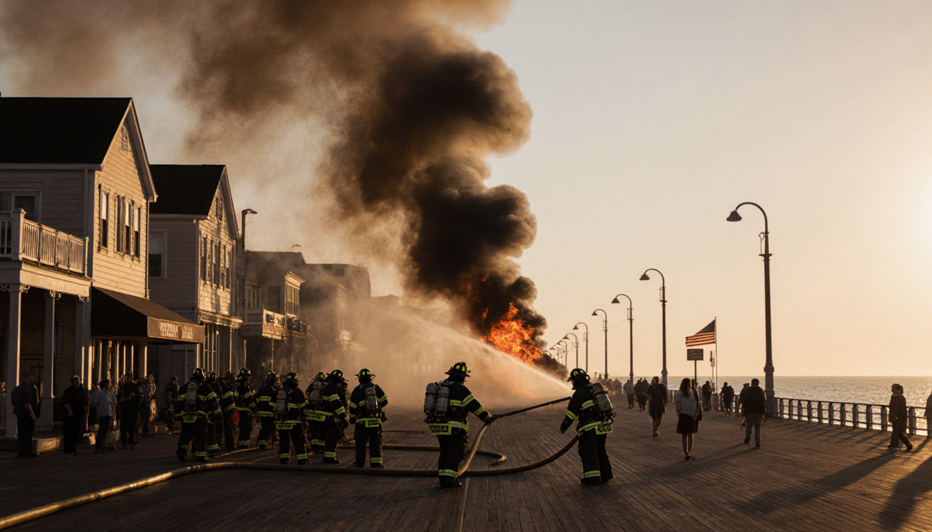 Firefighters battling blaze with hoses against Atlantic City boardwalk smoke at dusk