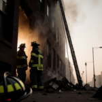 Firefighters standing at the entrance of a burning building in South Philadelphia with dawn glow and a ladder near a helmet