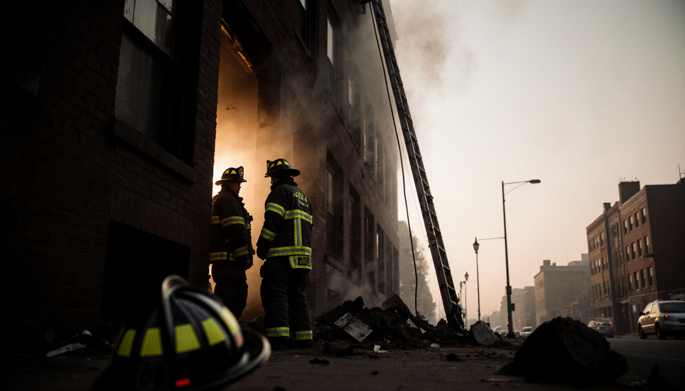 Firefighters standing at the entrance of a burning building in South Philadelphia with dawn glow and a ladder near a helmet