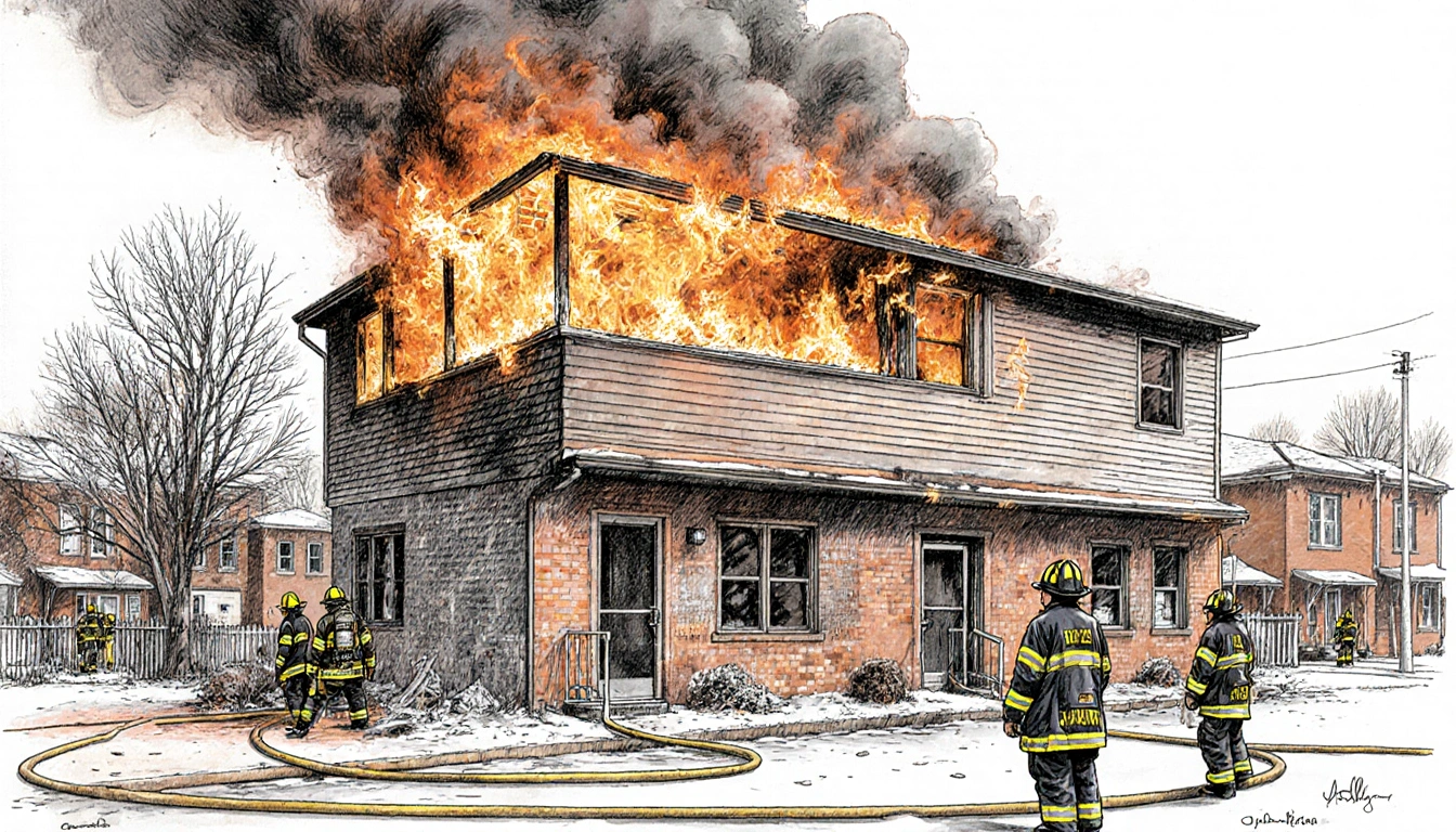 Firefighter stepping back from building entrance with flames and smoke billowing and firefighters assess the scene