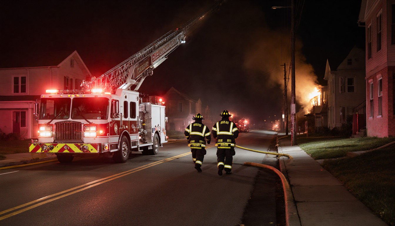 Firefighters rushing down Snyder Avenue at midnight with sirens blaring and emergency lights glowing.