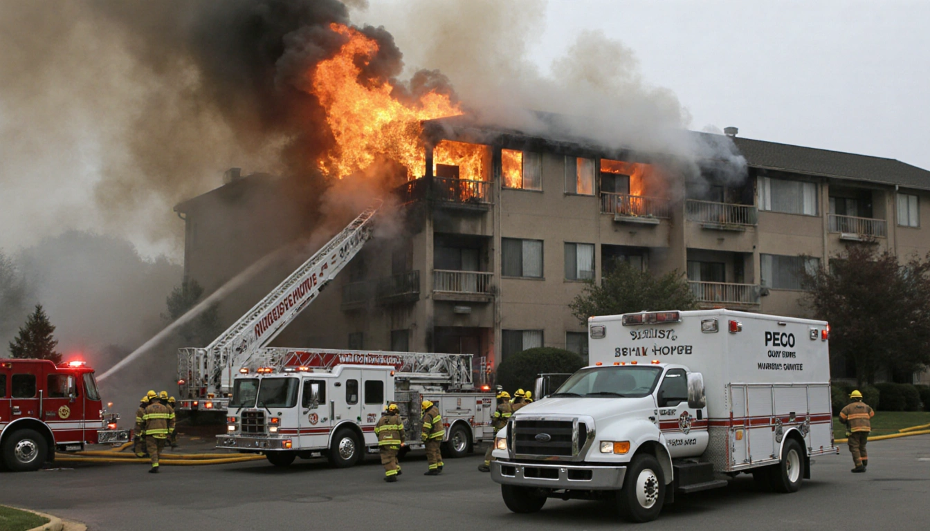 Firefighters converging on a nursing home with vehicles forming a barrier amid a blazing blaze.