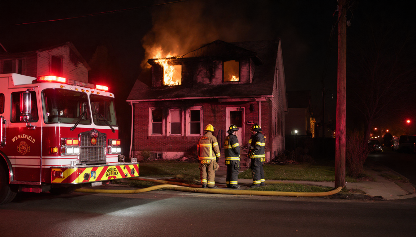 Firefighters standing outside charred house with emergency lights and flames licking the windows near fire engine on street