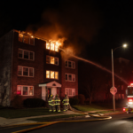 Fire truck standing beside a darkened apartment building with orange flames reflected in windows and warm glow on street