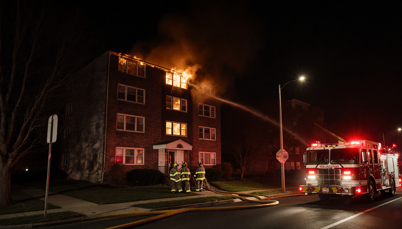 Fire truck standing beside a darkened apartment building with orange flames reflected in windows and warm glow on street