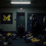 Sherrone Moore slumps in Michigan football locker room with police officer beside him and flickering light above.