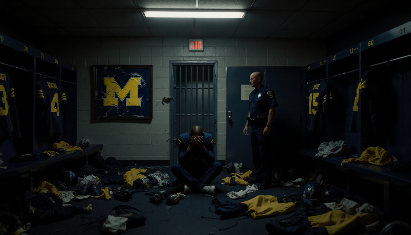 Sherrone Moore slumps in Michigan football locker room with police officer beside him and flickering light above.