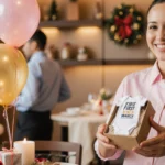 First Watch staff member holding a small gift box with a baby