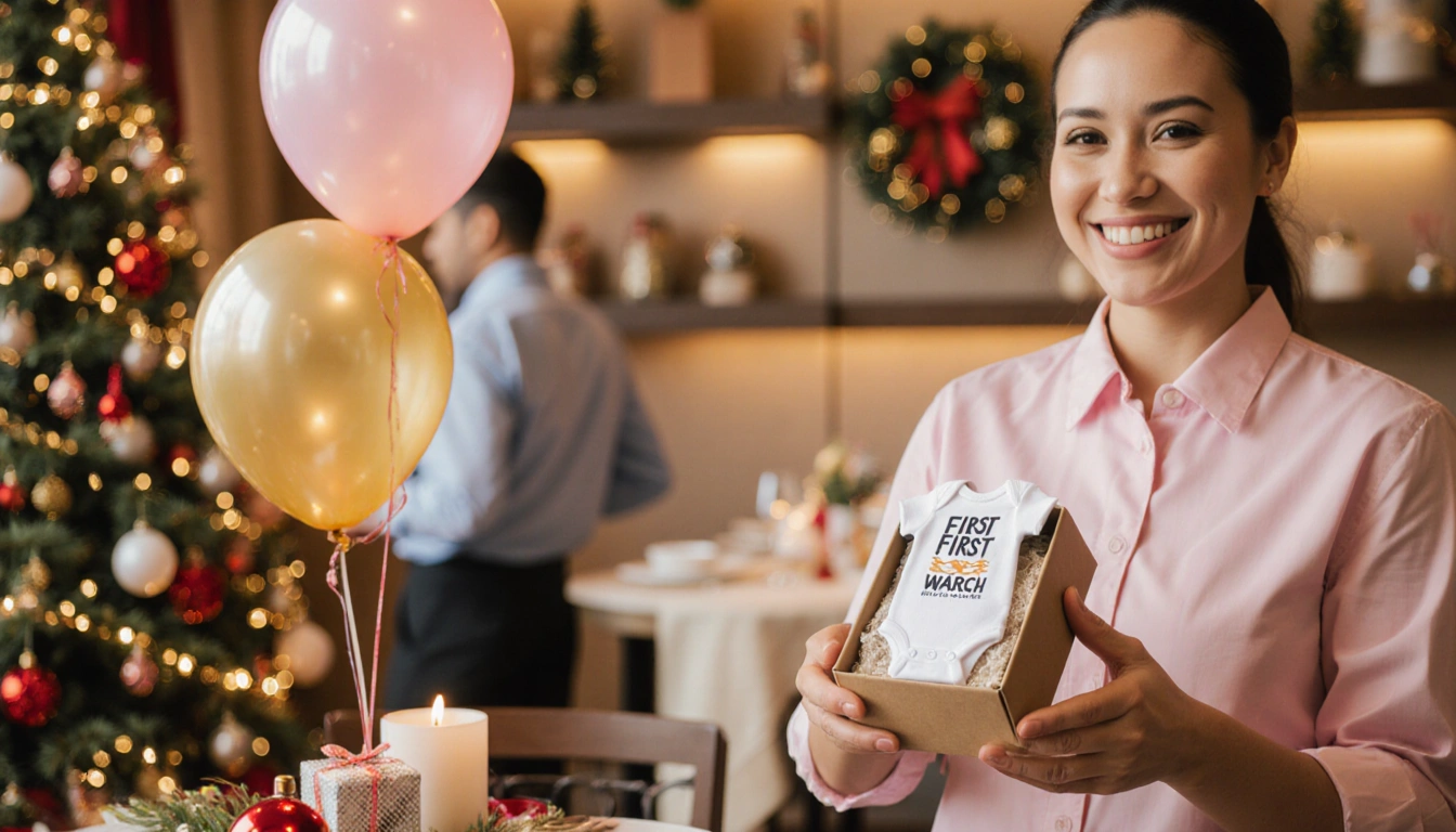 First Watch staff member holding a small gift box with a baby