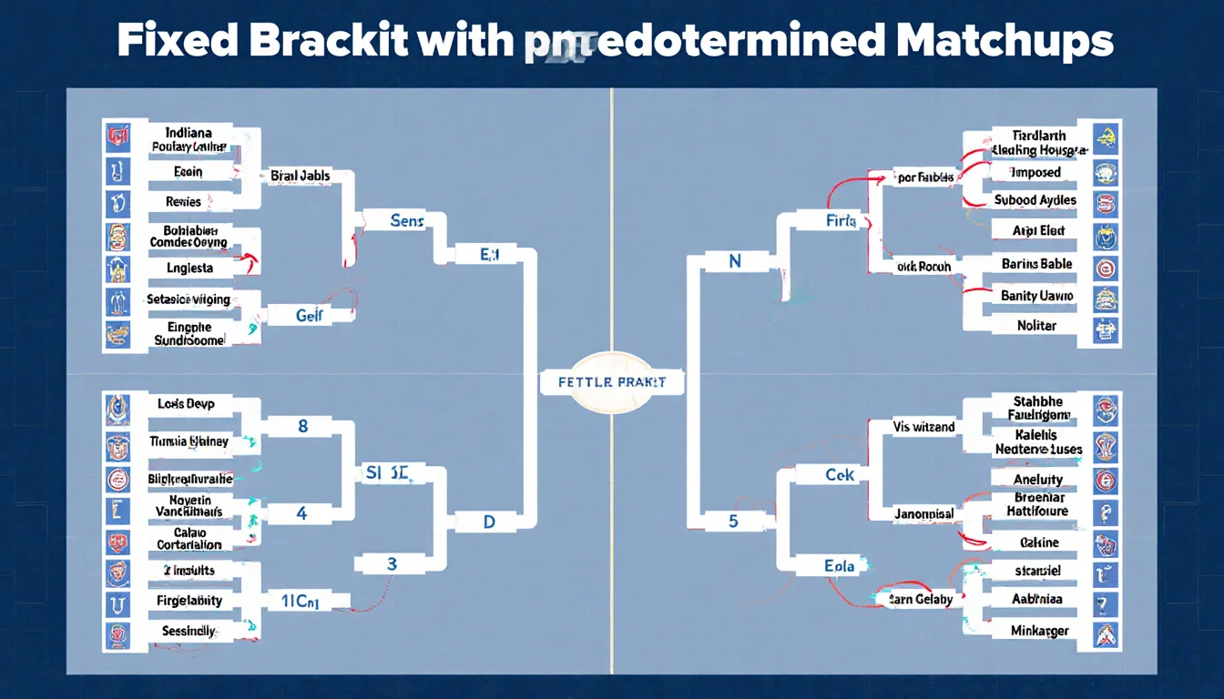 Bracket diagram shows fixed matchups with bold top seeds and faded lower seeds linked by arrows on a split screen