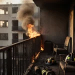 Firefighter rescuing items from charred balcony with smoke-filled room in background.