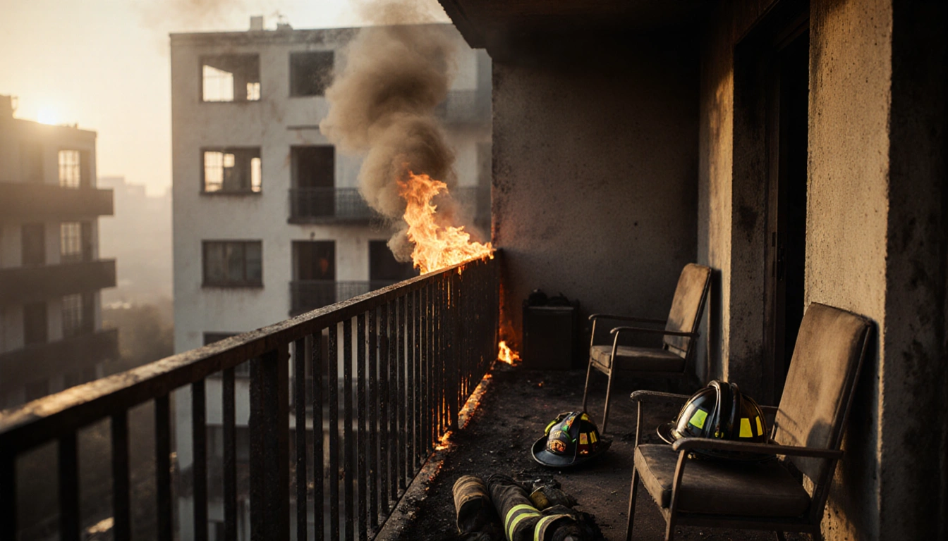 Firefighter rescuing items from charred balcony with smoke-filled room in background.
