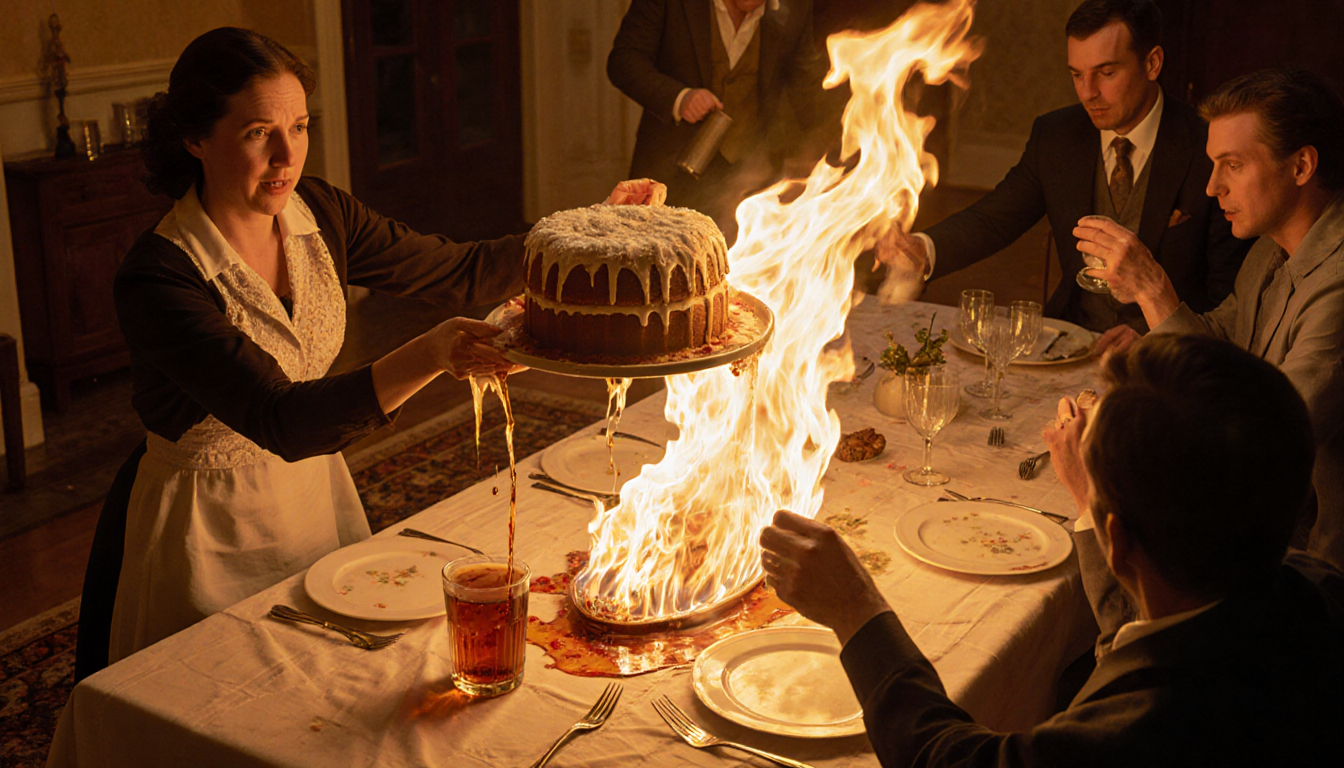 Ann holding flaming cake with panic guests and spreading fire in background