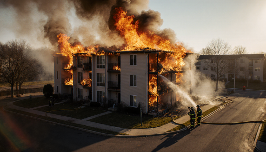 Firefighters battling flames on a two‑story condo complex with early morning light and orange fire licking roofs