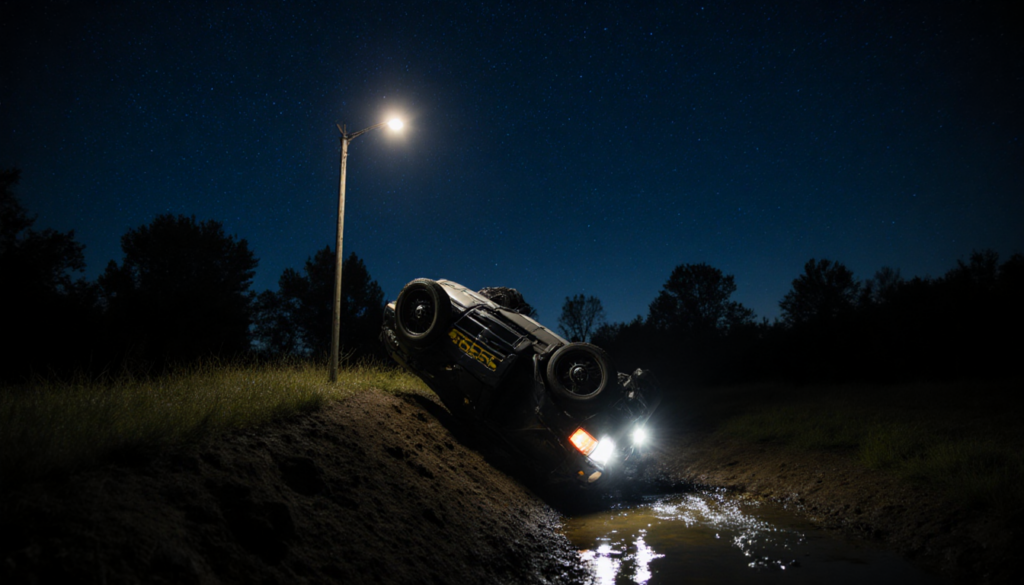 Flipped police car lies in ditch at nighttime with wheels pointing skyward and headlights glow