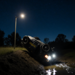 Flipped police car lies in ditch at nighttime with wheels pointing skyward and headlights glow