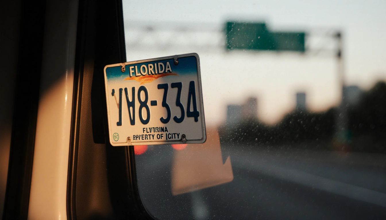 Florida license plate frame stuck on rental car window glowing with warm light and blurred highway at dusk.