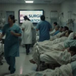 Doctors rushing to attend patients with crowded beds and a TV screen reading Flu Surge Hits Nation