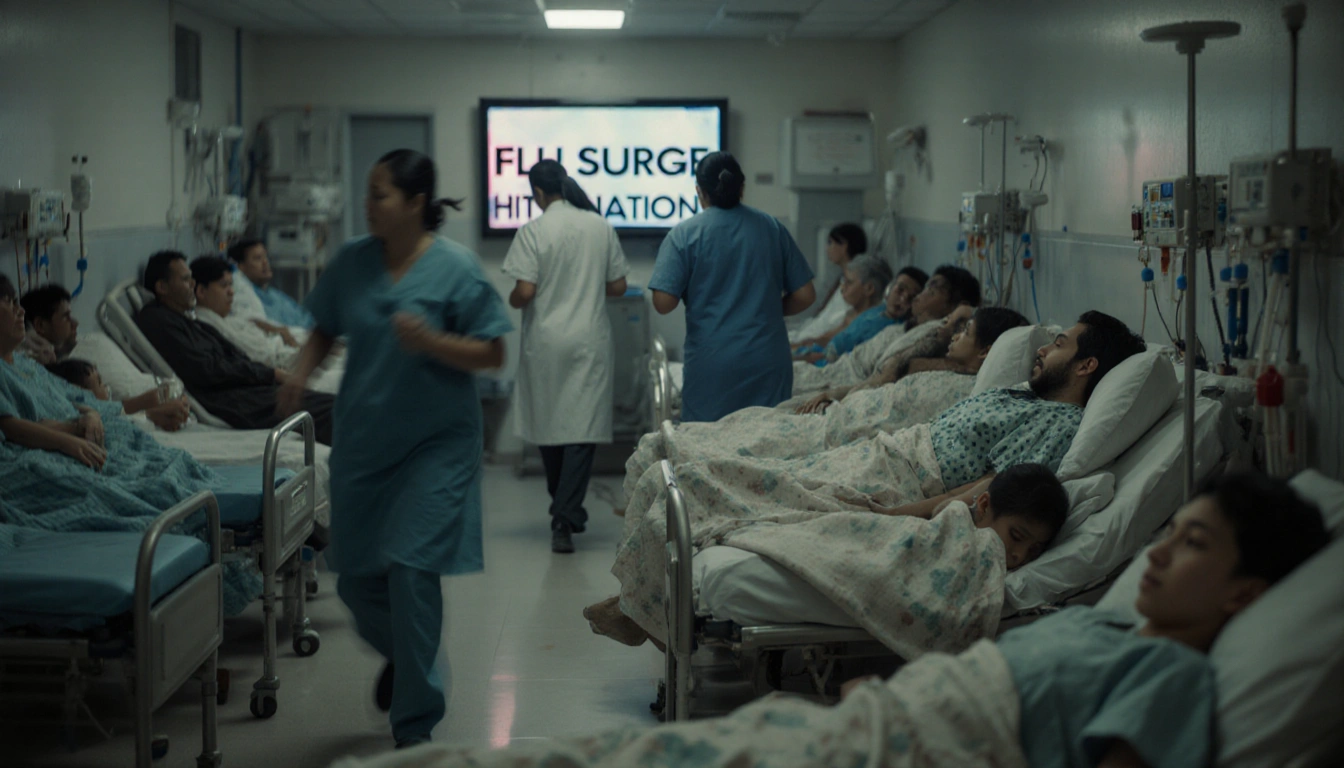 Doctors rushing to attend patients with crowded beds and a TV screen reading Flu Surge Hits Nation