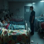 Children lying in hospital beds with blankets and tissues showing flu symptoms in a crowded pediatric emergency department