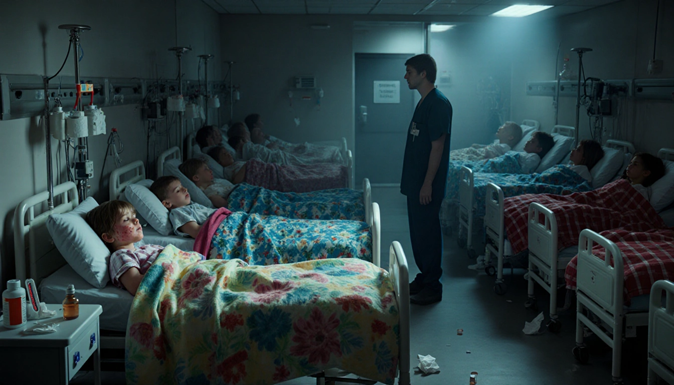 Children lying in hospital beds with blankets and tissues showing flu symptoms in a crowded pediatric emergency department