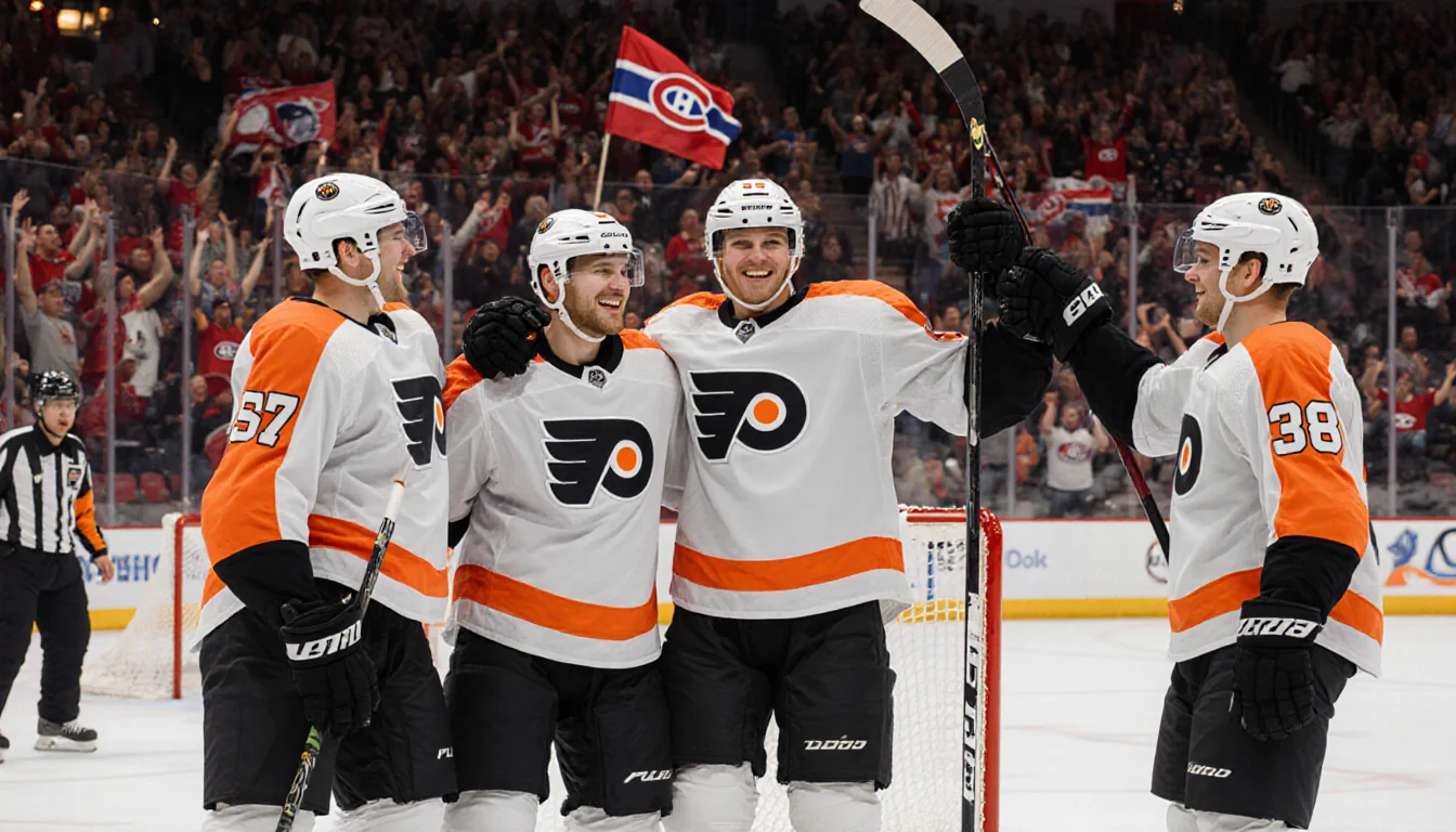 Carter Hart beams while holding his stick and being high‑fived by teammates with a cheering crowd of Flyers fans behind him