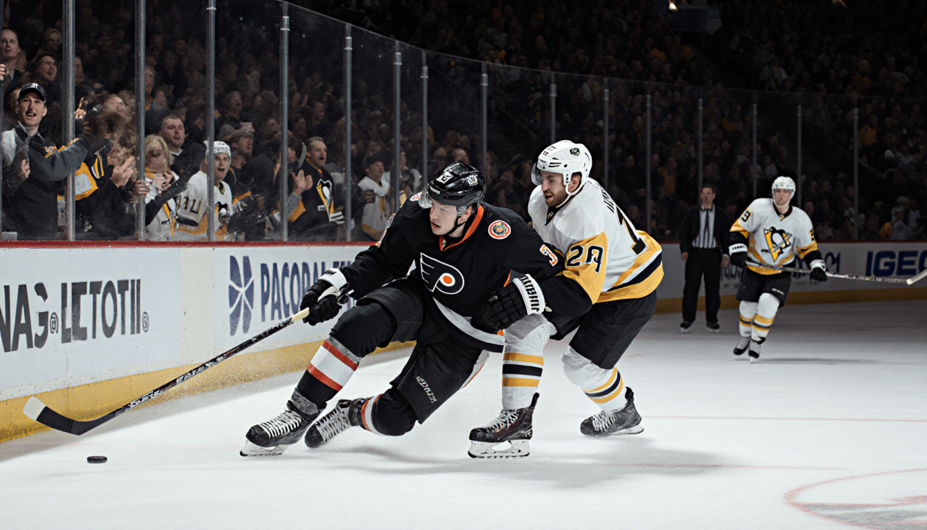 Tyson Foerster tumbling to the ice with Penguins opponent in a hockey collision and Flyers teammates rushing to his side.