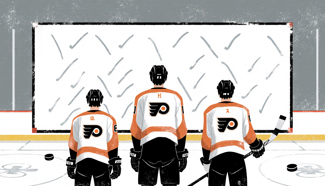 Three Philadelphia Flyers players standing before a whiteboard with empty goal marks and a hockey rink backdrop.