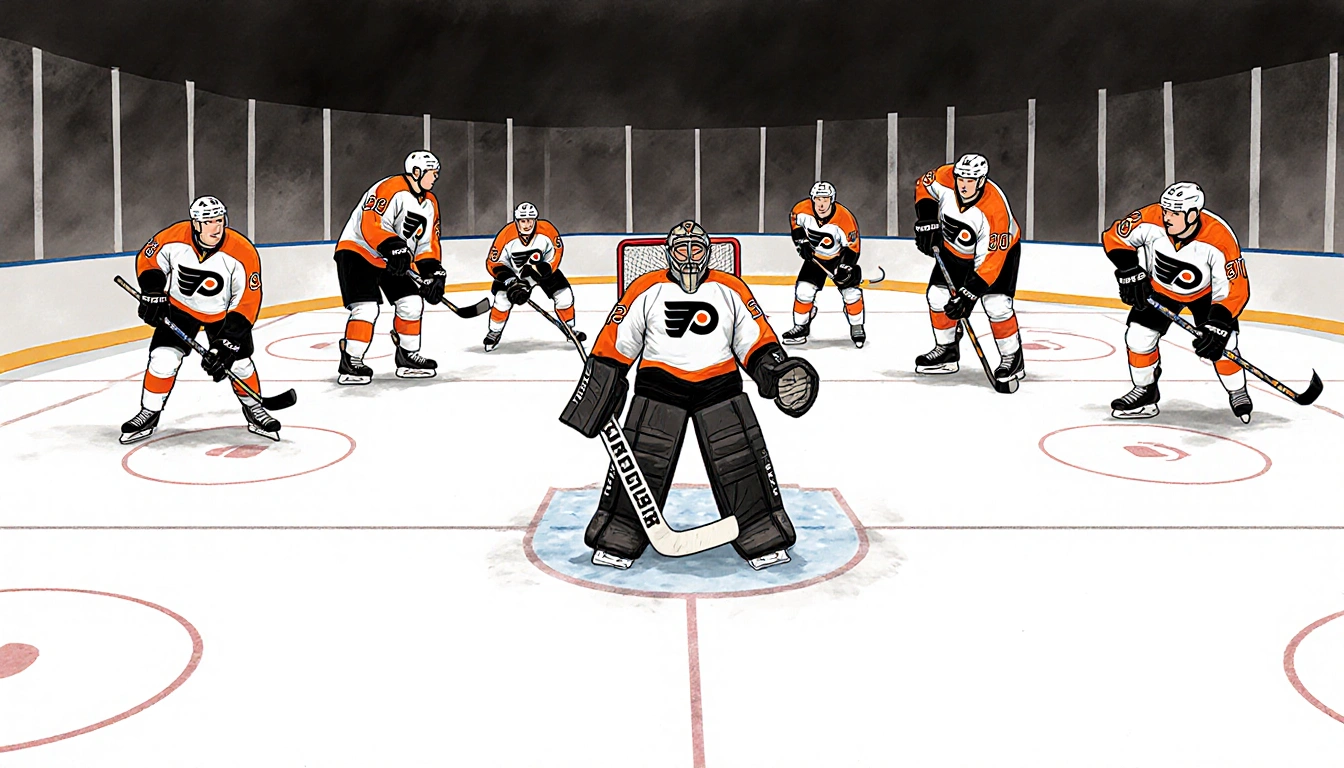 Hockey goalie stands alone on ice with a missing arm position and players looking uncertain showing Flyers defense depth