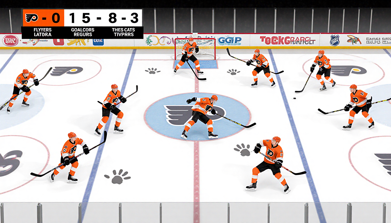 Hockey players skating in action with Flyers goal markers and a scoreboard showing 15-8-3 record