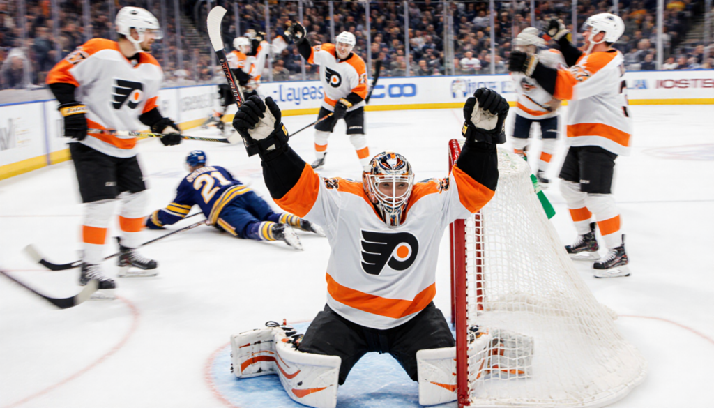 Flyers goalie celebrates win with arms raised and teammates high‑fiving around him after 5-2 victory while Sabres slump on ic