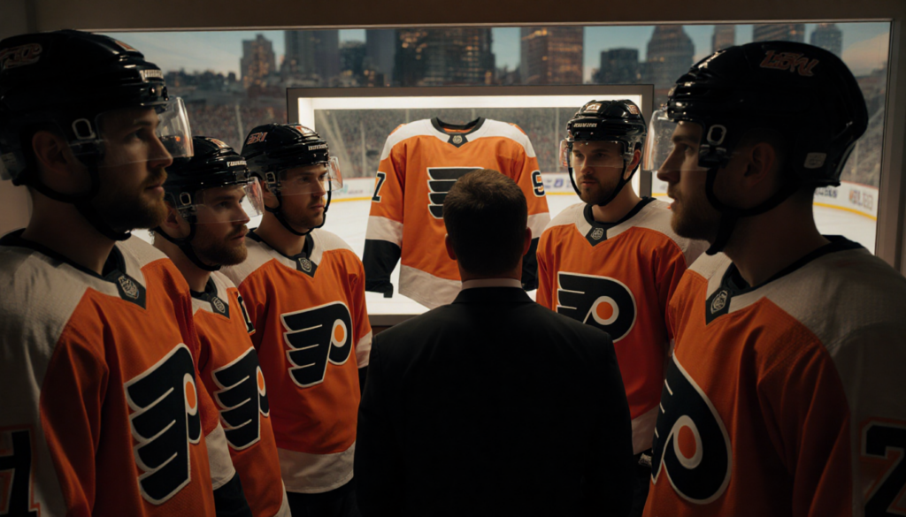 Flyers players huddle with empty jersey display and a coach in dim warm light