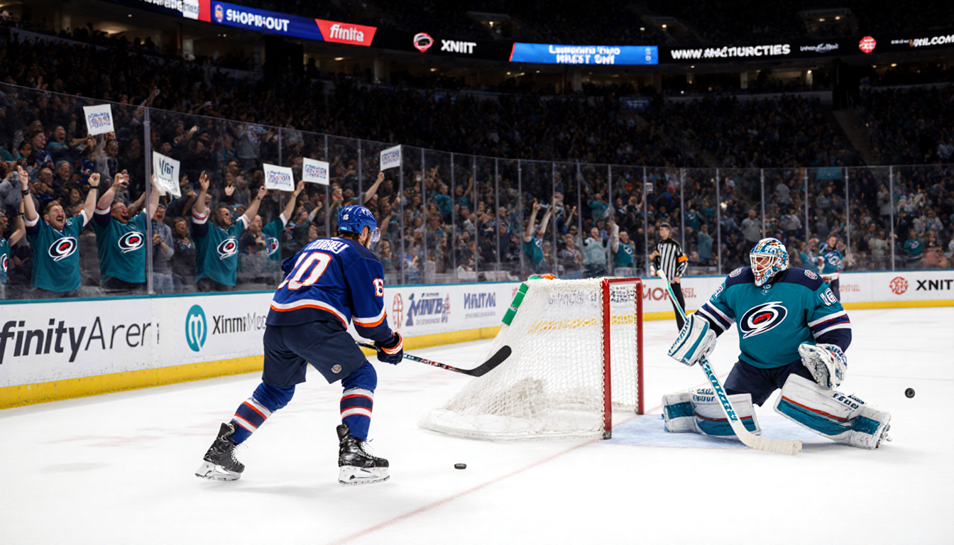 Flyers player shooting a puck with a Hurricanes goalie defending in an NHL shootout at Xfinity Mobile Arena and cheering fans