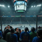 Flyers players slump over boards with scoreboard showing Grundstrom goal amid raucous Kraken fans