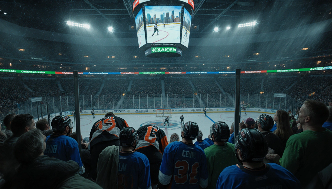 Flyers players slump over boards with scoreboard showing Grundstrom goal amid raucous Kraken fans