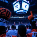 Fan cheering with foam finger and Flyers jersey in warm electric blue arena with scoreboard glowing 20