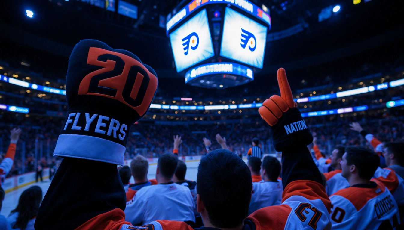 Fan cheering with foam finger and Flyers jersey in warm electric blue arena with scoreboard glowing 20