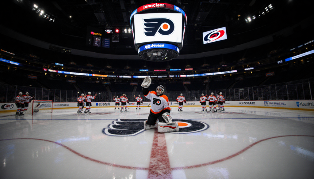 Goalie Ilya Sorokin kneeling with glove raised in defeat while Carolina players celebrate the shootout win on the hockey rink