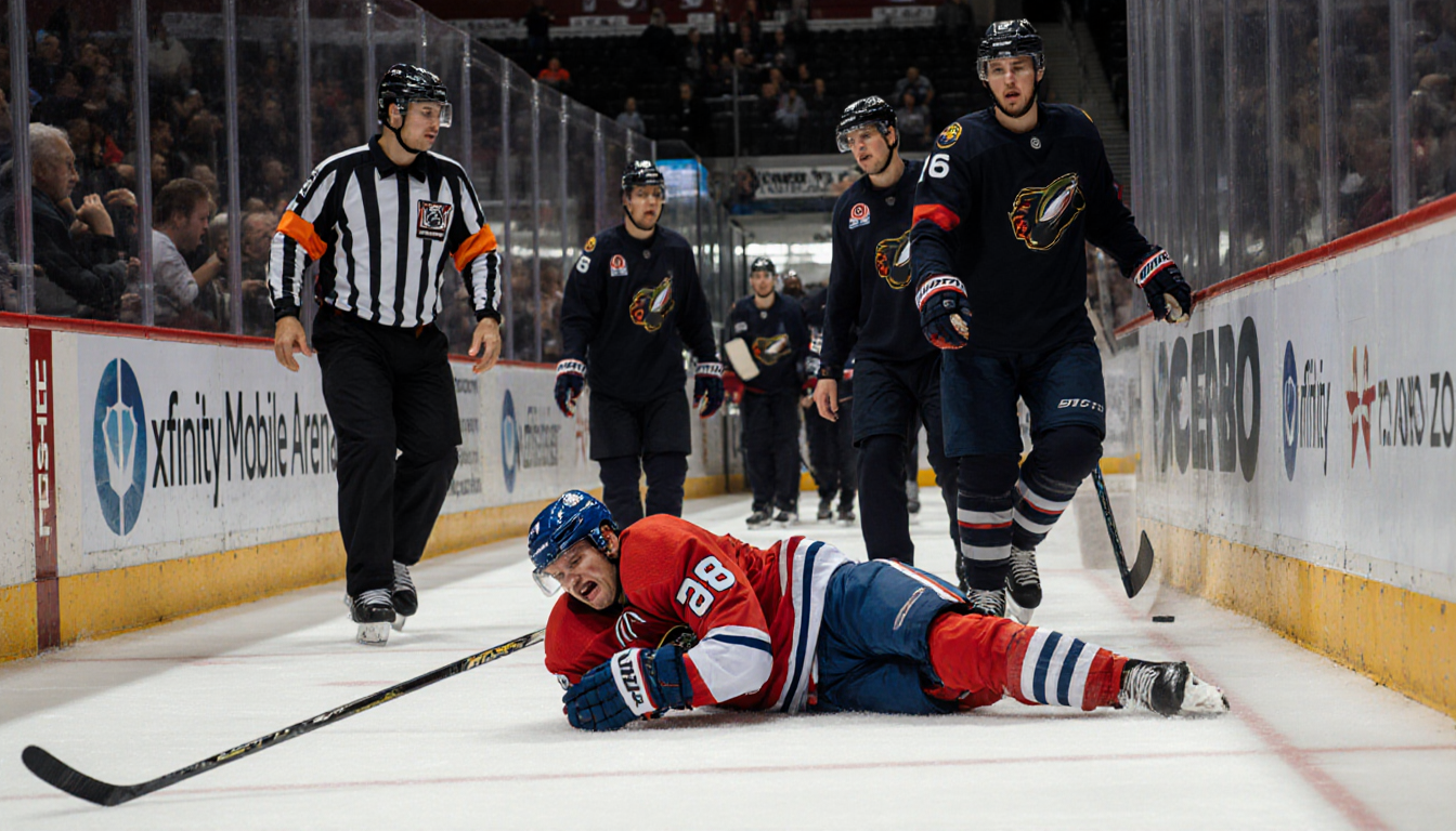 Hockey player Foerster lies on ice in pain with medical staff rushing to him near the Xfinity Mobile Arena concourse