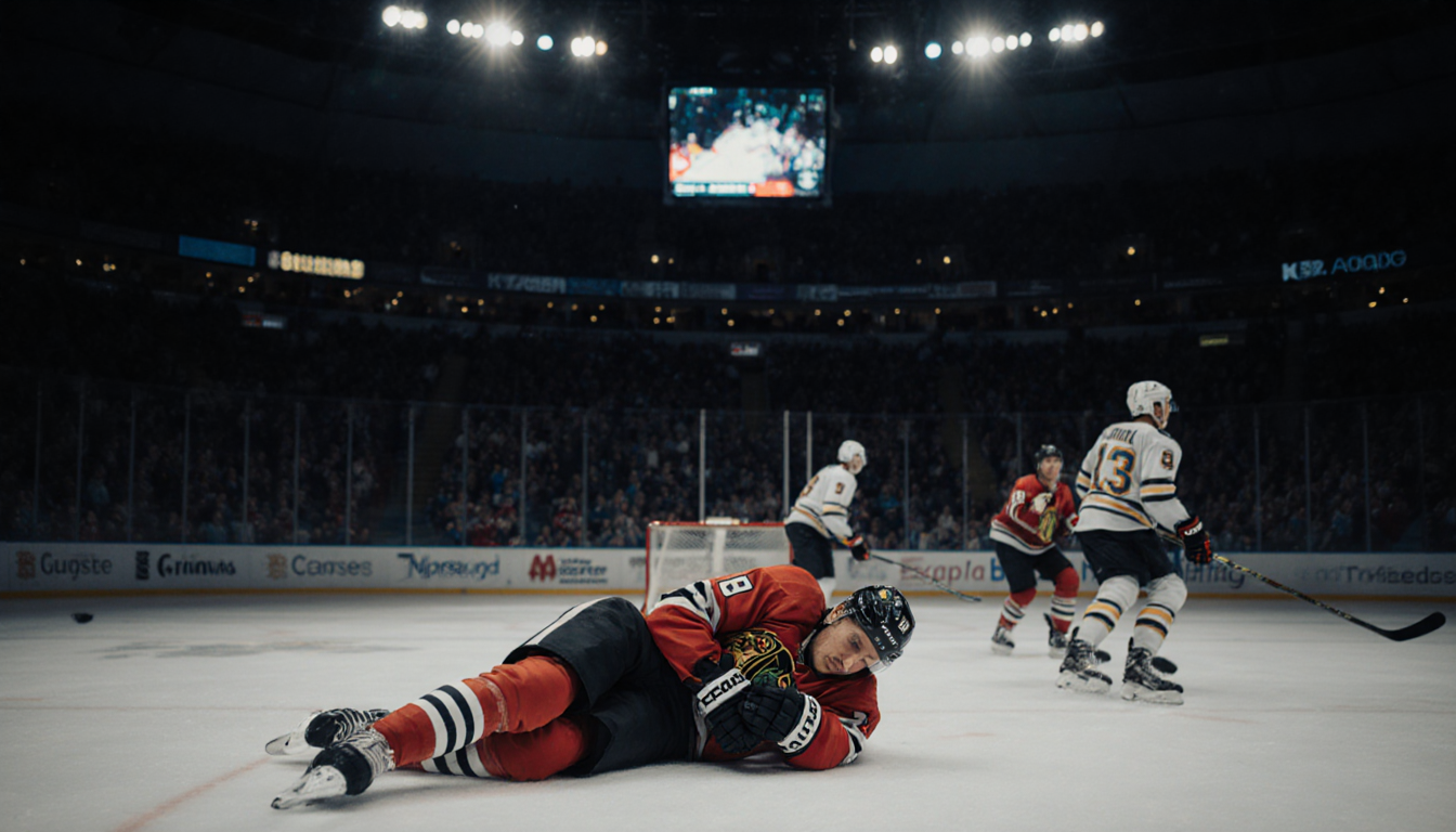 Injured hockey player lies on ice clutching arm with teammates rushing to help during a power play