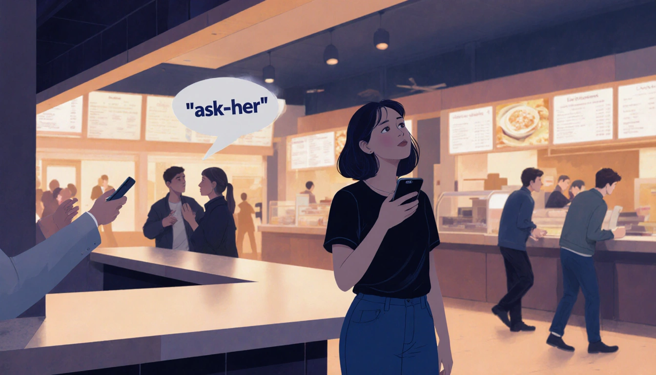 Woman looks up from phone at food court counter with strangers nodding and gratitude in her eyes