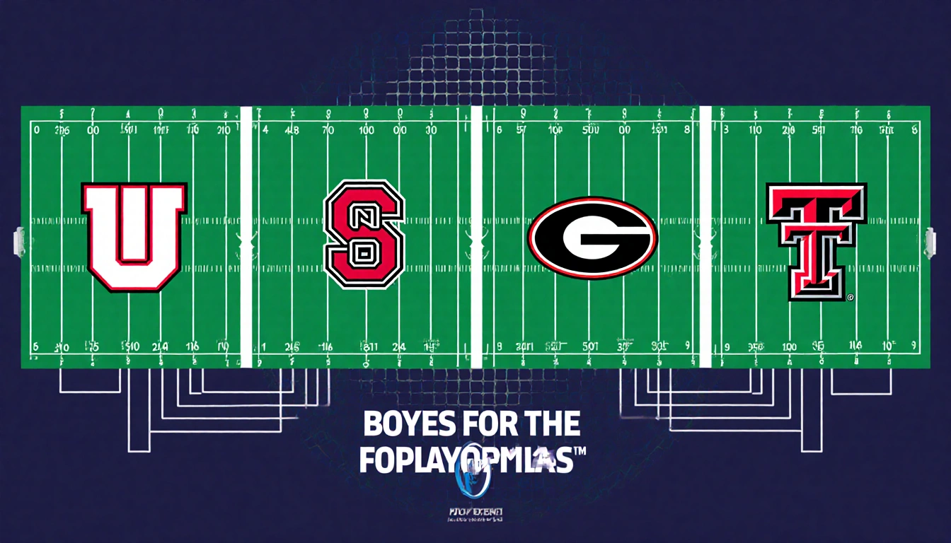 Four football fields arrange staggered Indiana Ohio State Georgia Texas Tech logos center showing playoff bracket advancement